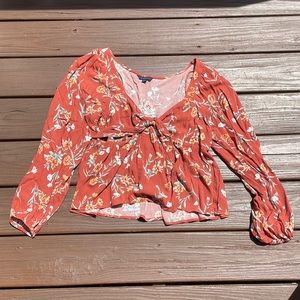 American Eagle long sleeve front tie floral blouse, size large